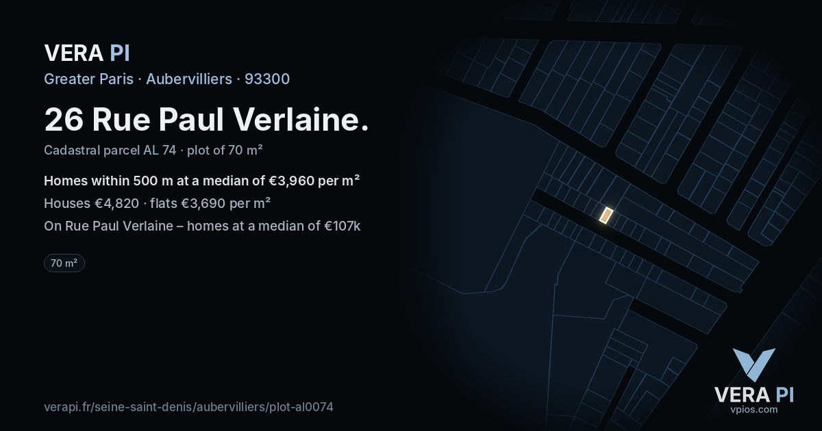 26 Rue Paul Verlaine, Aubervilliers at night – the plot lit, the parcels around coloured by the prices near them