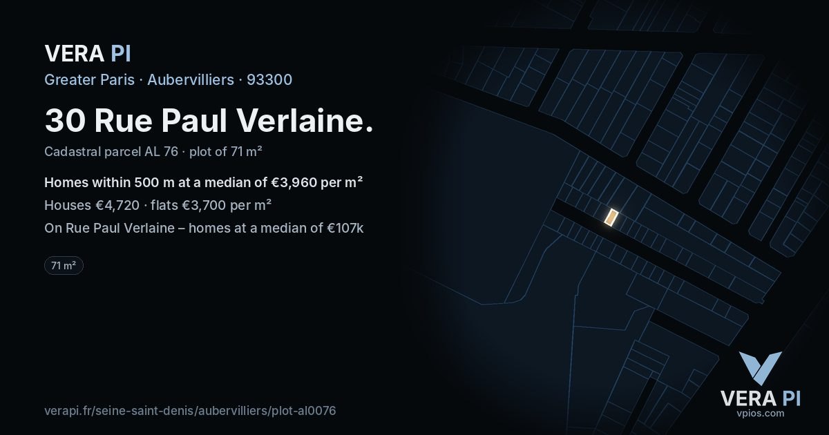 30 Rue Paul Verlaine, Aubervilliers at night – the plot lit, the parcels around coloured by the prices near them
