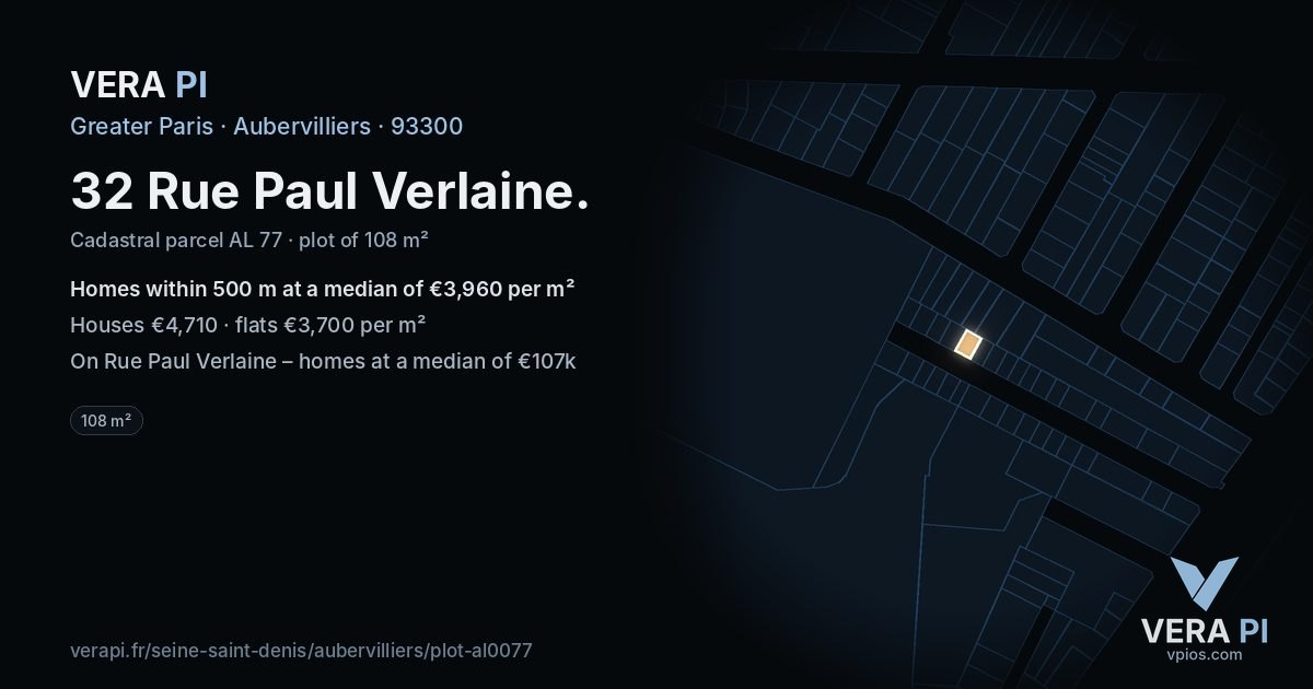 32 Rue Paul Verlaine, Aubervilliers at night – the plot lit, the parcels around coloured by the prices near them