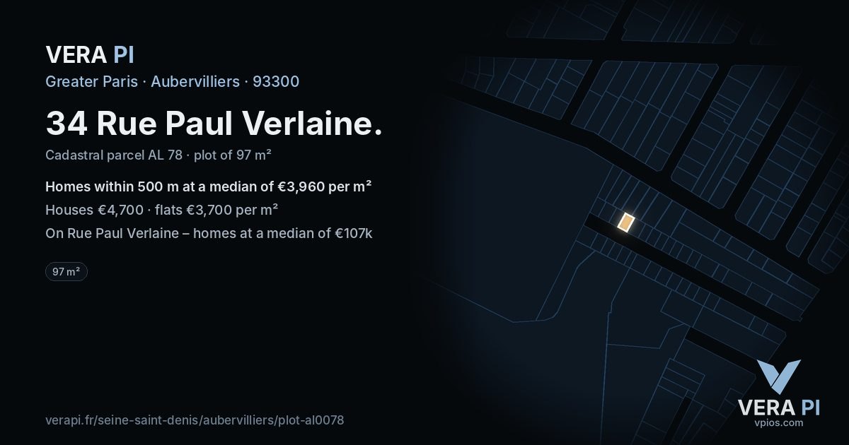 34 Rue Paul Verlaine, Aubervilliers at night – the plot lit, the parcels around coloured by the prices near them
