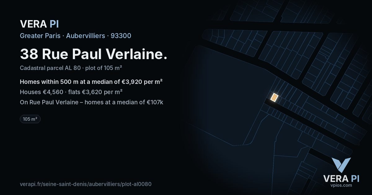 38 Rue Paul Verlaine, Aubervilliers at night – the plot lit, the parcels around coloured by the prices near them