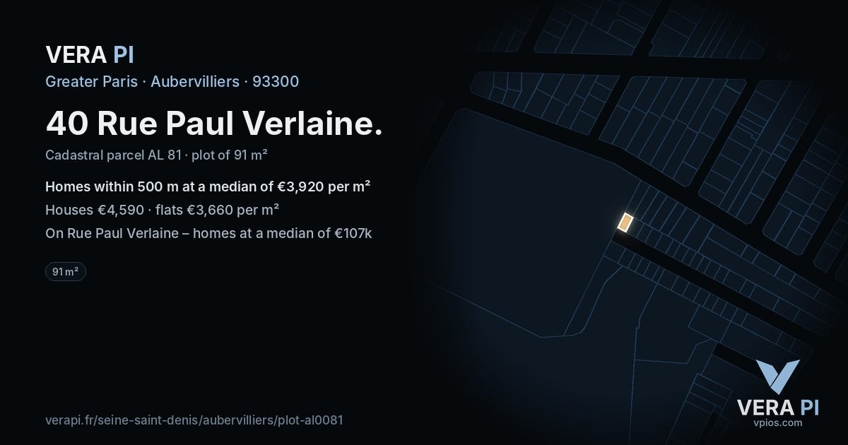 40 Rue Paul Verlaine, Aubervilliers at night – the plot lit, the parcels around coloured by the prices near them
