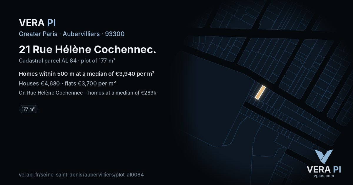 21 Rue Hélène Cochennec, Aubervilliers at night – the plot lit, the parcels around coloured by the prices near them