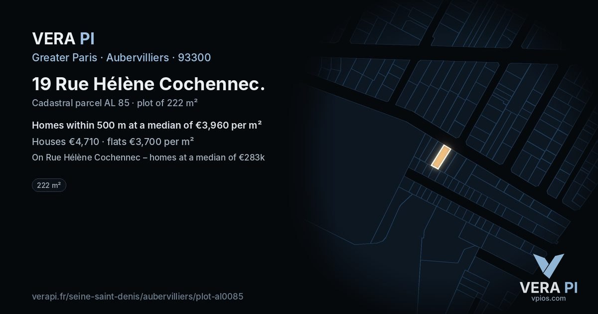 19 Rue Hélène Cochennec, Aubervilliers at night – the plot lit, the parcels around coloured by the prices near them