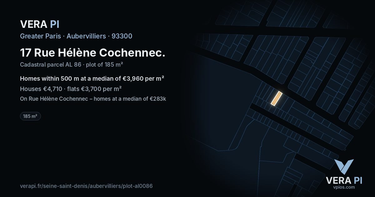17 Rue Hélène Cochennec, Aubervilliers at night – the plot lit, the parcels around coloured by the prices near them