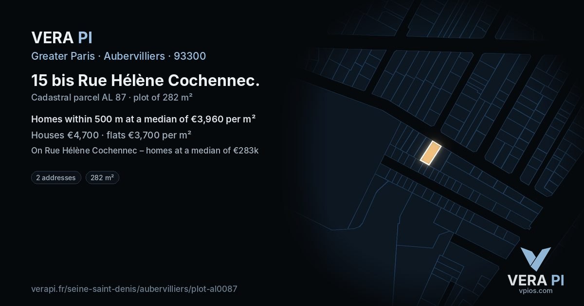 15 bis Rue Hélène Cochennec, Aubervilliers at night – the plot lit, the parcels around coloured by the prices near them