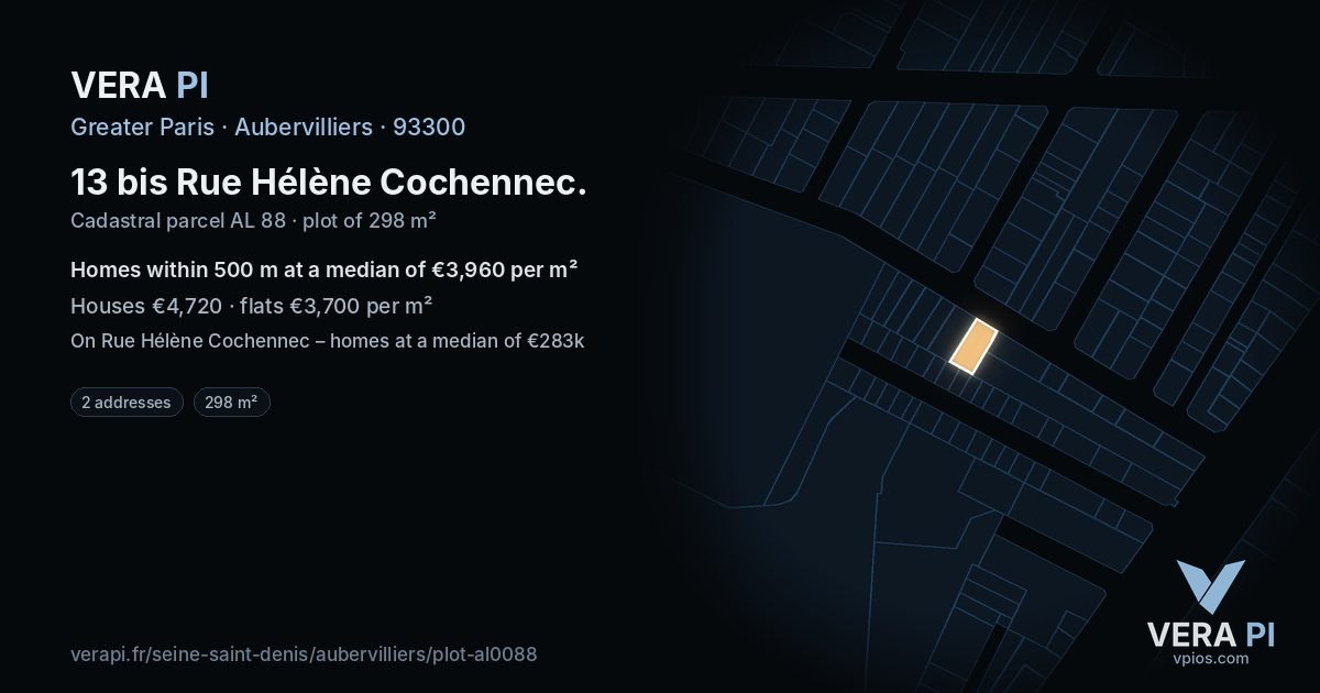 13 bis Rue Hélène Cochennec, Aubervilliers at night – the plot lit, the parcels around coloured by the prices near them