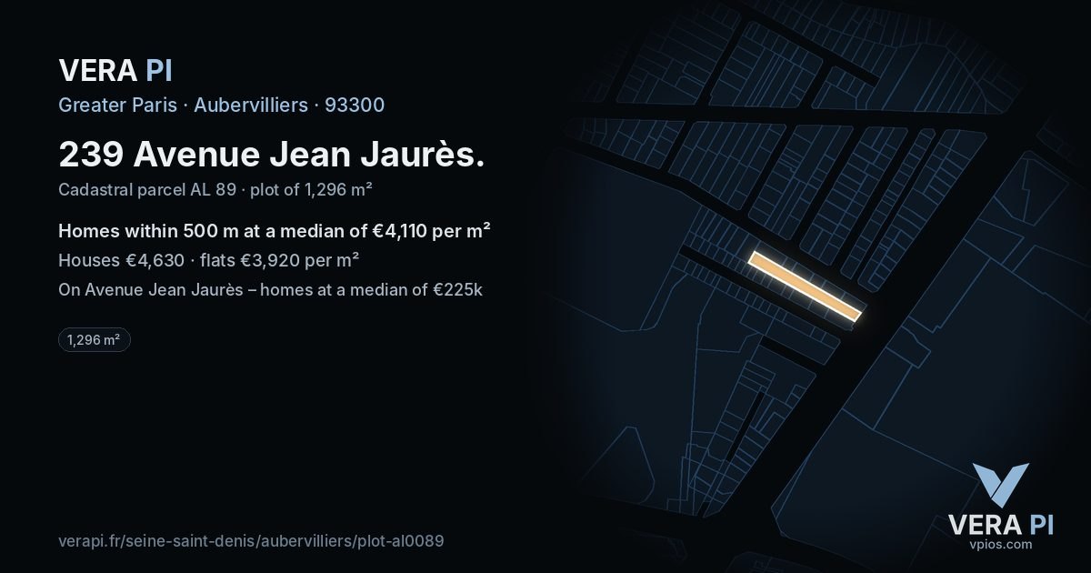 239 Avenue Jean Jaurès, Aubervilliers at night – the plot lit, the parcels around coloured by the prices near them