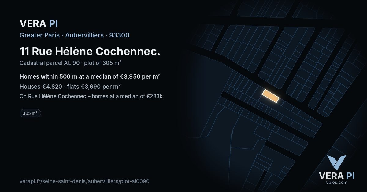 11 Rue Hélène Cochennec, Aubervilliers at night – the plot lit, the parcels around coloured by the prices near them