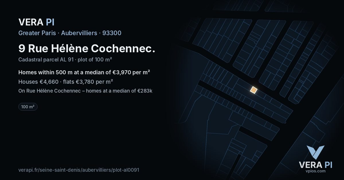 9 Rue Hélène Cochennec, Aubervilliers at night – the plot lit, the parcels around coloured by the prices near them