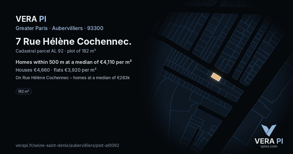 7 Rue Hélène Cochennec, Aubervilliers at night – the plot lit, the parcels around coloured by the prices near them