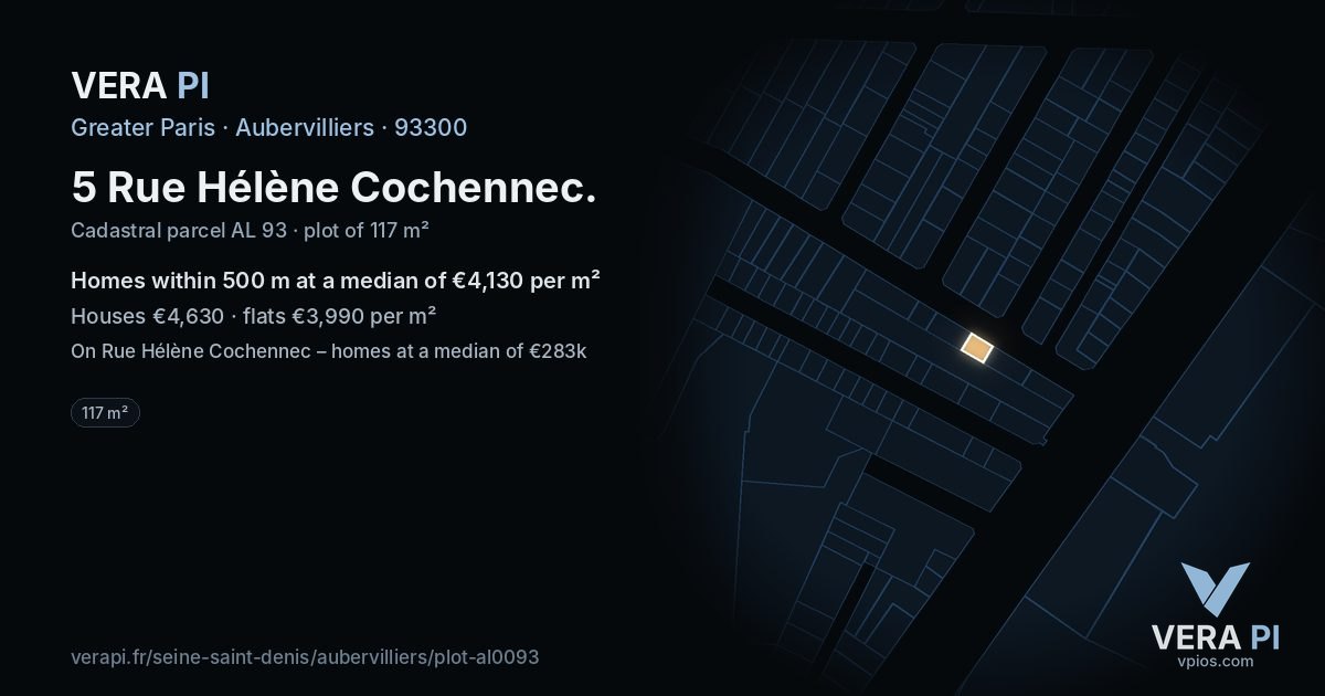 5 Rue Hélène Cochennec, Aubervilliers at night – the plot lit, the parcels around coloured by the prices near them