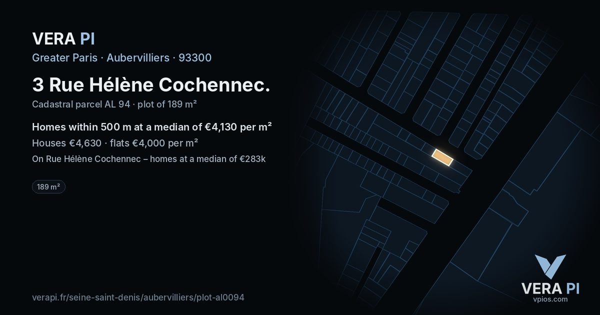 3 Rue Hélène Cochennec, Aubervilliers at night – the plot lit, the parcels around coloured by the prices near them