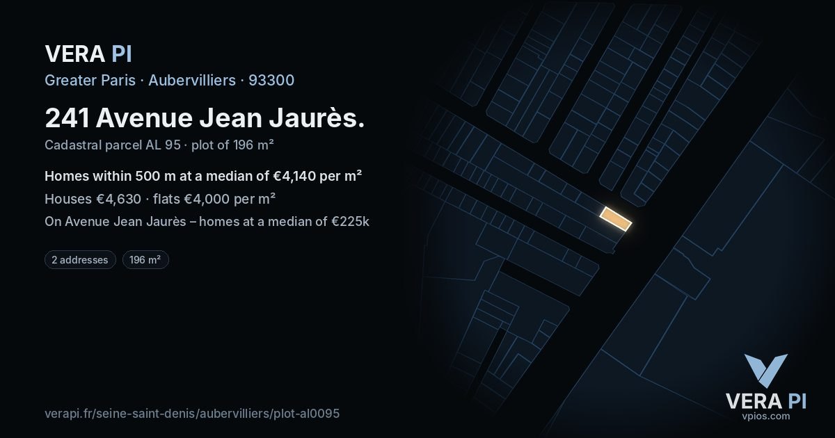 241 Avenue Jean Jaurès, Aubervilliers at night – the plot lit, the parcels around coloured by the prices near them