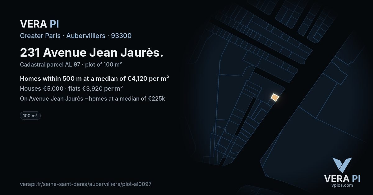 231 Avenue Jean Jaurès, Aubervilliers at night – the plot lit, the parcels around coloured by the prices near them