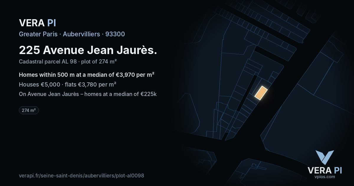 225 Avenue Jean Jaurès, Aubervilliers at night – the plot lit, the parcels around coloured by the prices near them