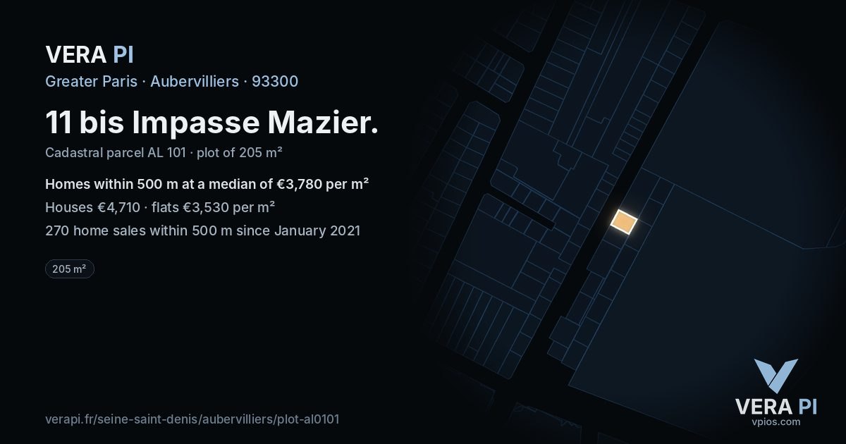 11 bis Impasse Mazier, Aubervilliers at night – the plot lit, the parcels around coloured by the prices near them