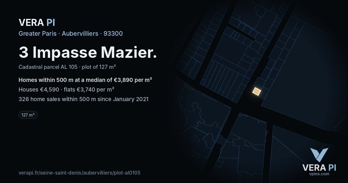 3 Impasse Mazier, Aubervilliers at night – the plot lit, the parcels around coloured by the prices near them