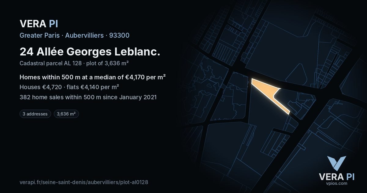 24 Allée Georges Leblanc, Aubervilliers at night – the plot lit, the parcels around coloured by the prices near them