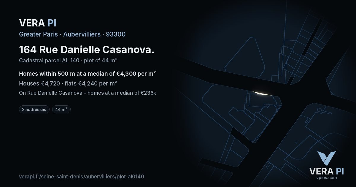 164 Rue Danielle Casanova, Aubervilliers at night – the plot lit, the parcels around coloured by the prices near them