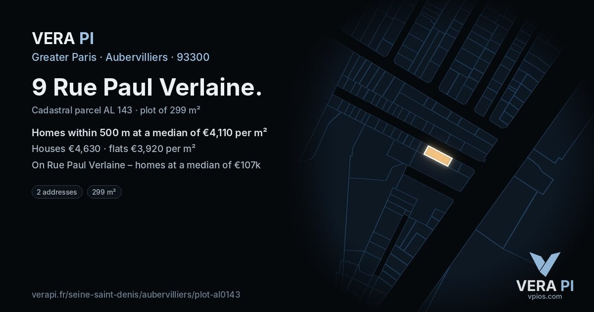 9 Rue Paul Verlaine, Aubervilliers at night – the plot lit, the parcels around coloured by the prices near them