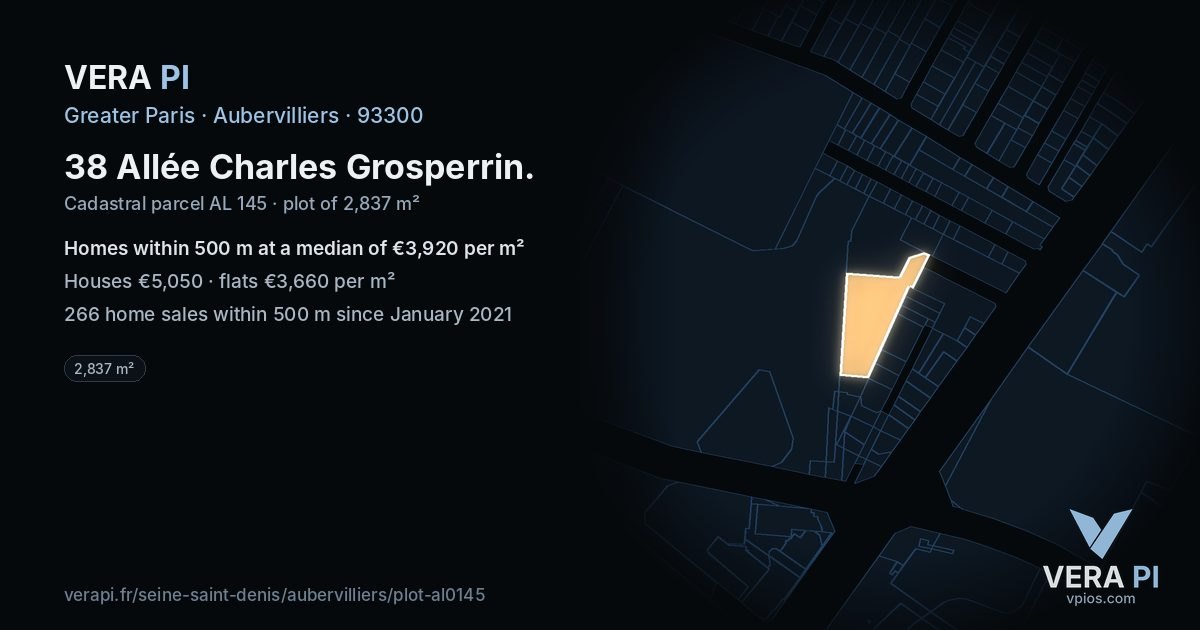 38 Allée Charles Grosperrin, Aubervilliers at night – the plot lit, the parcels around coloured by the prices near them