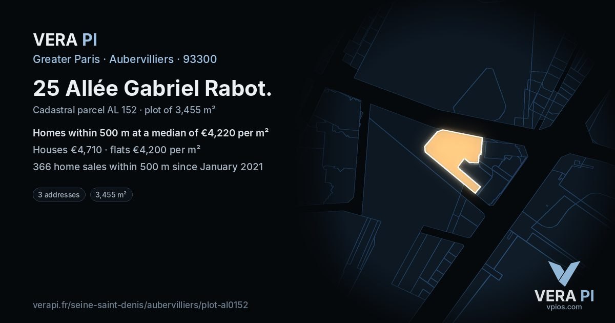 25 Allée Gabriel Rabot, Aubervilliers at night – the plot lit, the parcels around coloured by the prices near them