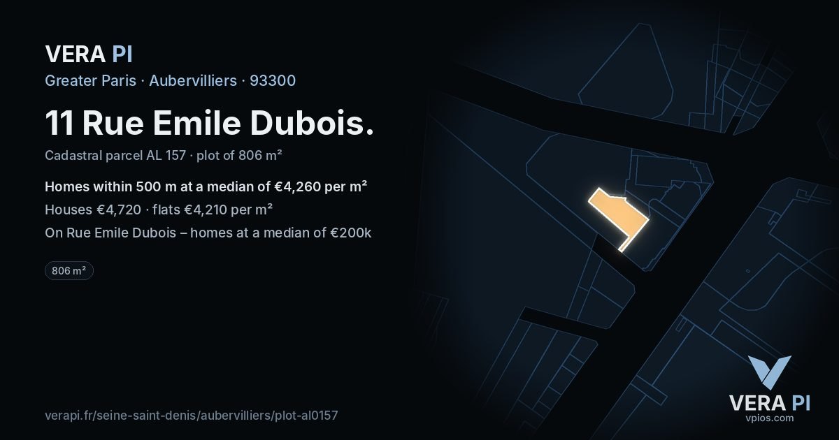 11 Rue Emile Dubois, Aubervilliers at night – the plot lit, the parcels around coloured by the prices near them