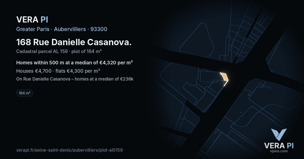 168 Rue Danielle Casanova, Aubervilliers at night – the plot lit, the parcels around coloured by the prices near them