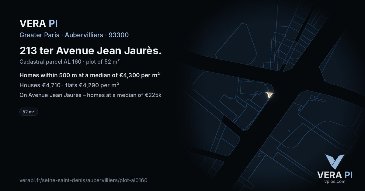 213 ter Avenue Jean Jaurès, Aubervilliers at night – the plot lit, the parcels around coloured by the prices near them