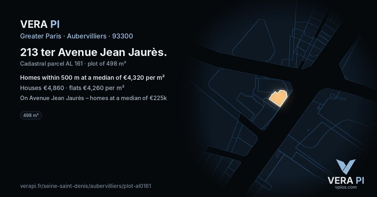 213 ter Avenue Jean Jaurès, Aubervilliers at night – the plot lit, the parcels around coloured by the prices near them