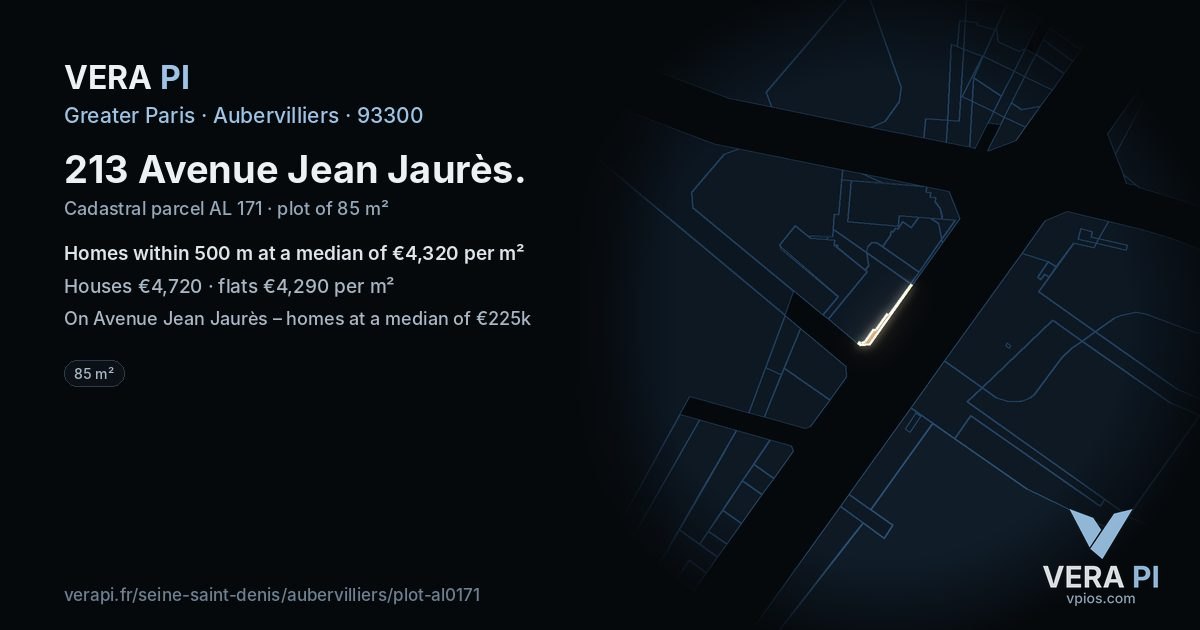 213 Avenue Jean Jaurès, Aubervilliers at night – the plot lit, the parcels around coloured by the prices near them