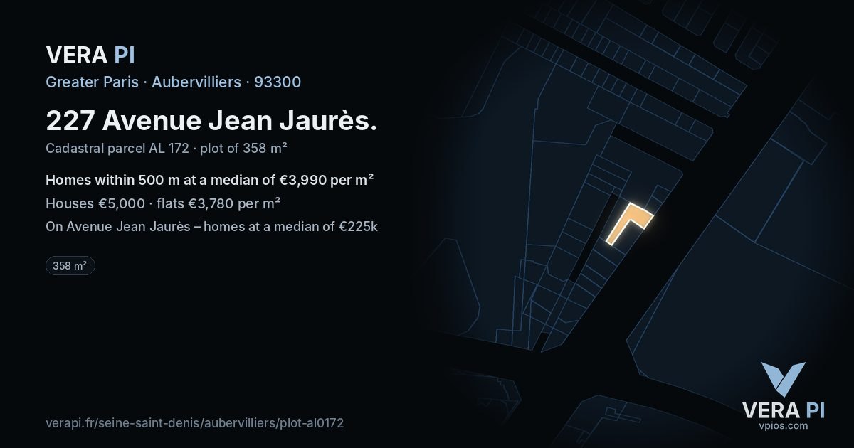 227 Avenue Jean Jaurès, Aubervilliers at night – the plot lit, the parcels around coloured by the prices near them