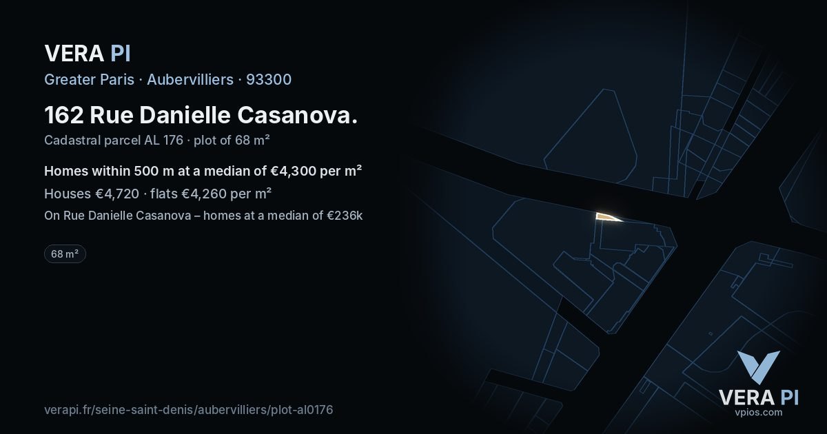 162 Rue Danielle Casanova, Aubervilliers at night – the plot lit, the parcels around coloured by the prices near them