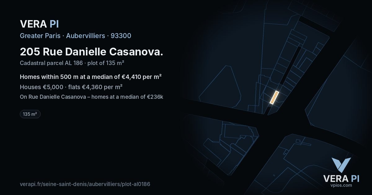 205 Rue Danielle Casanova, Aubervilliers at night – the plot lit, the parcels around coloured by the prices near them