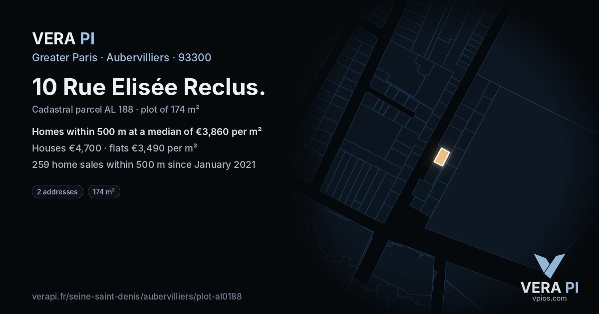 10 Rue Elisée Reclus, Aubervilliers at night – the plot lit, the parcels around coloured by the prices near them