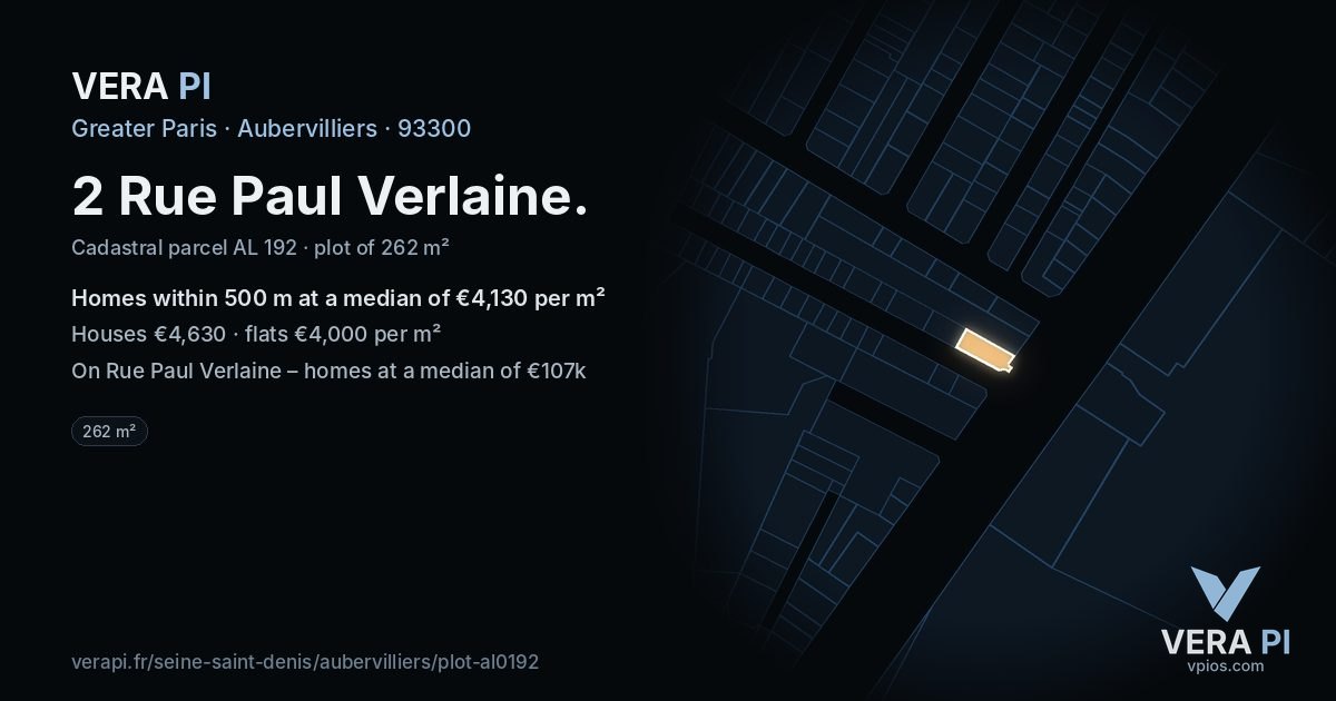 2 Rue Paul Verlaine, Aubervilliers at night – the plot lit, the parcels around coloured by the prices near them