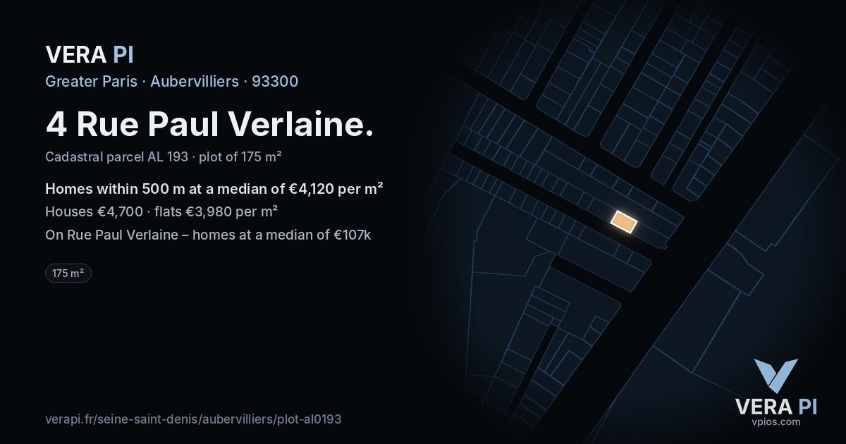 4 Rue Paul Verlaine, Aubervilliers at night – the plot lit, the parcels around coloured by the prices near them