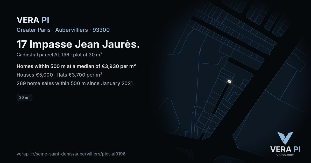 17 Impasse Jean Jaurès, Aubervilliers at night – the plot lit, the parcels around coloured by the prices near them