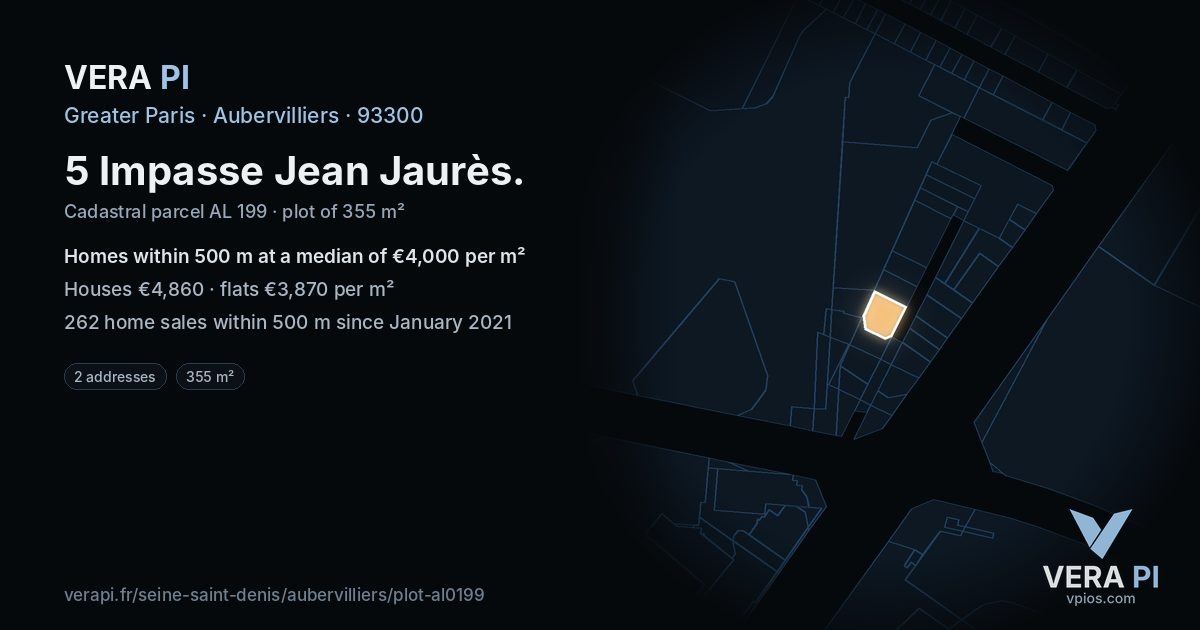 5 Impasse Jean Jaurès, Aubervilliers at night – the plot lit, the parcels around coloured by the prices near them