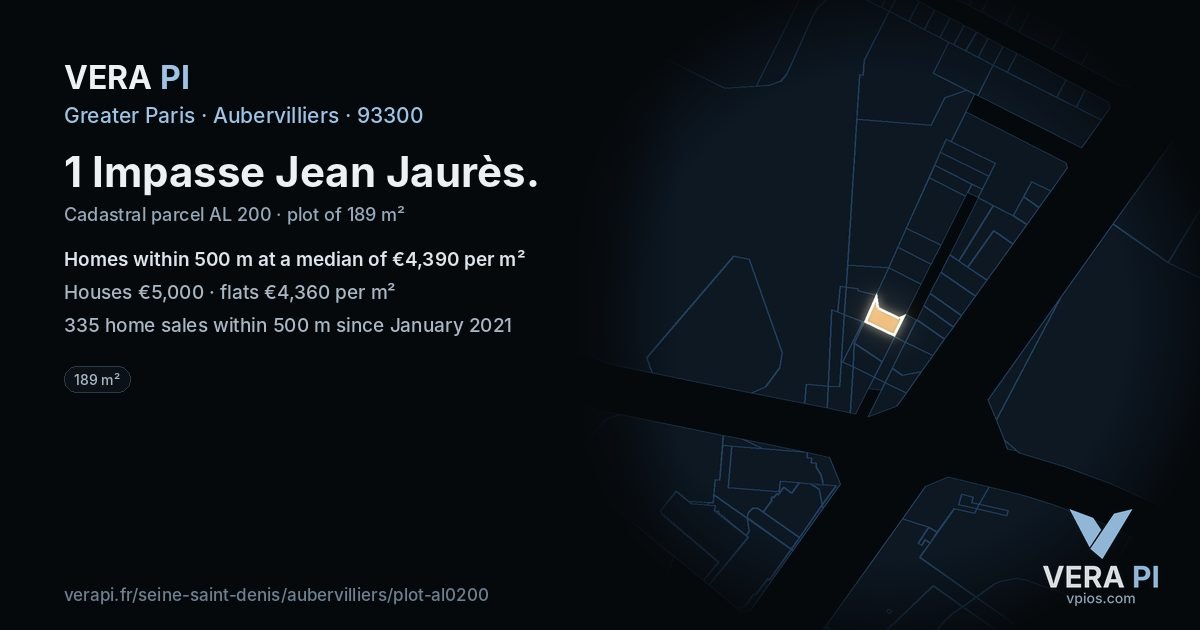 1 Impasse Jean Jaurès, Aubervilliers at night – the plot lit, the parcels around coloured by the prices near them