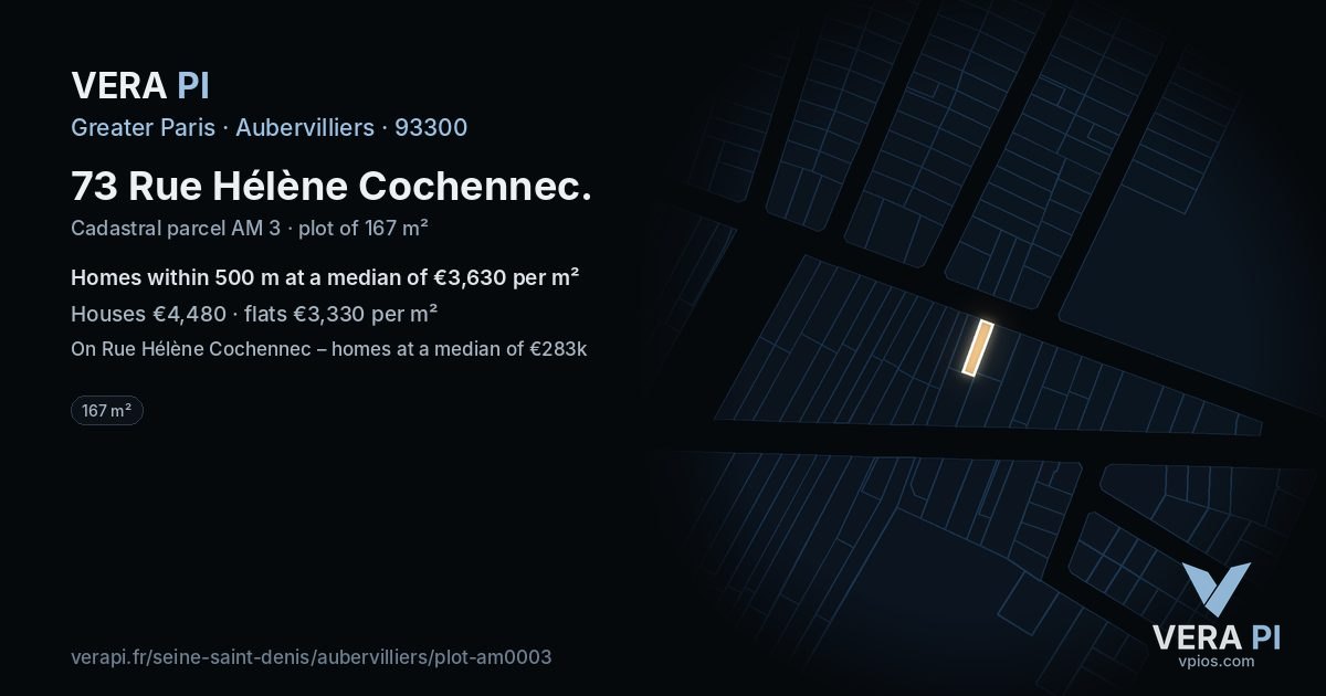 73 Rue Hélène Cochennec, Aubervilliers at night – the plot lit, the parcels around coloured by the prices near them