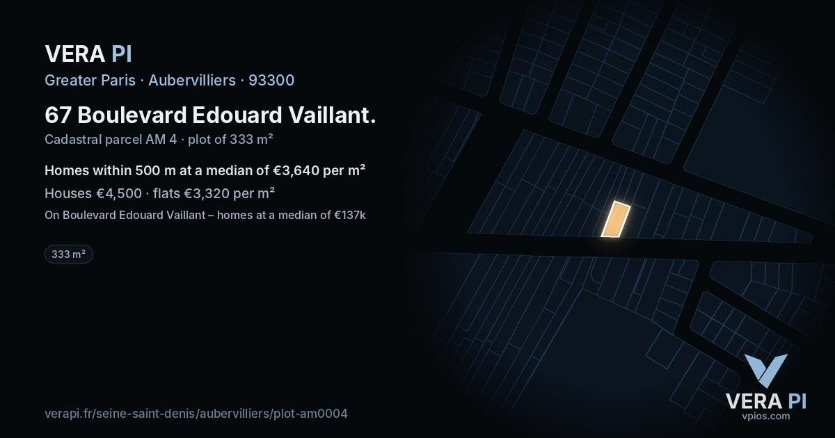 67 Boulevard Edouard Vaillant, Aubervilliers at night – the plot lit, the parcels around coloured by the prices near them