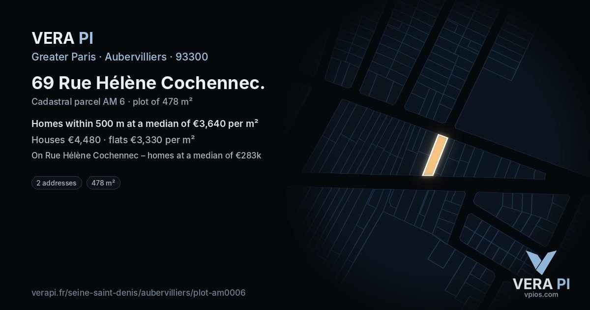 69 Rue Hélène Cochennec, Aubervilliers at night – the plot lit, the parcels around coloured by the prices near them
