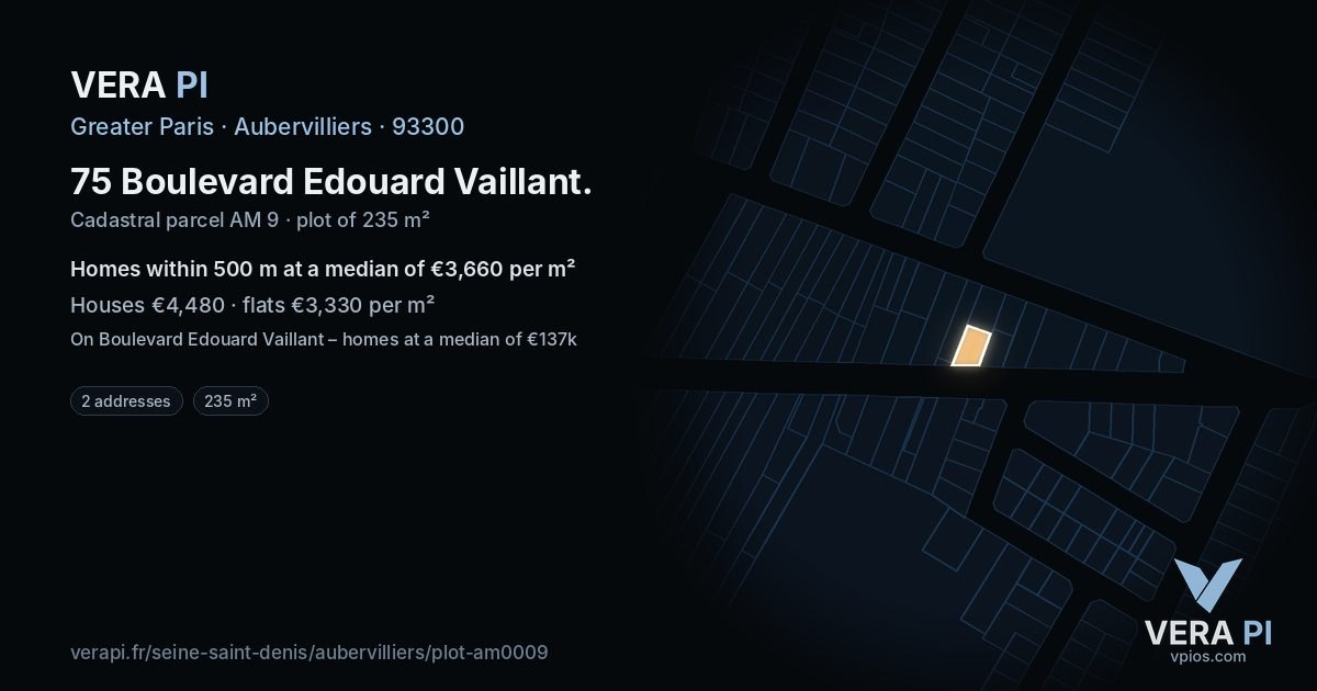 75 Boulevard Edouard Vaillant, Aubervilliers at night – the plot lit, the parcels around coloured by the prices near them