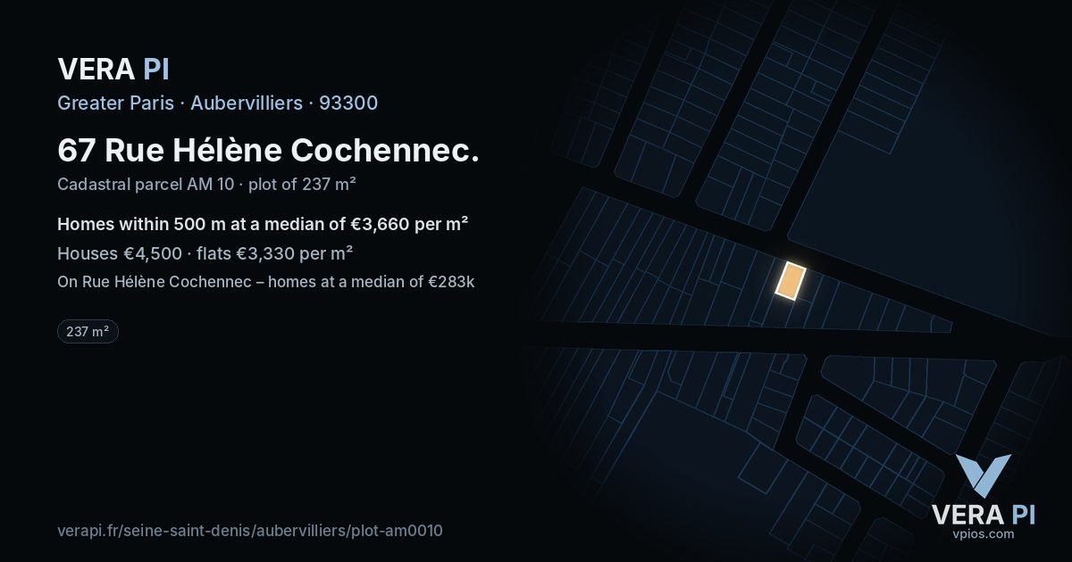 67 Rue Hélène Cochennec, Aubervilliers at night – the plot lit, the parcels around coloured by the prices near them