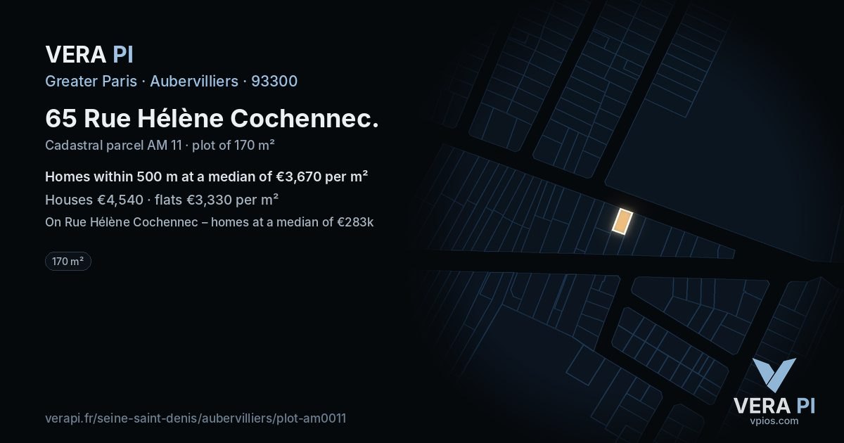 65 Rue Hélène Cochennec, Aubervilliers at night – the plot lit, the parcels around coloured by the prices near them