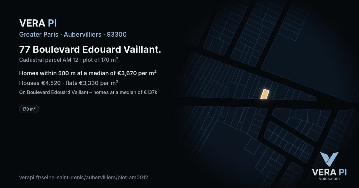 77 Boulevard Edouard Vaillant, Aubervilliers at night – the plot lit, the parcels around coloured by the prices near them