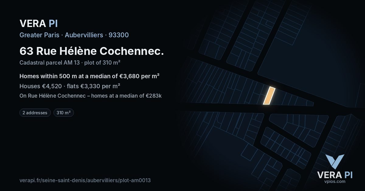 63 Rue Hélène Cochennec, Aubervilliers at night – the plot lit, the parcels around coloured by the prices near them