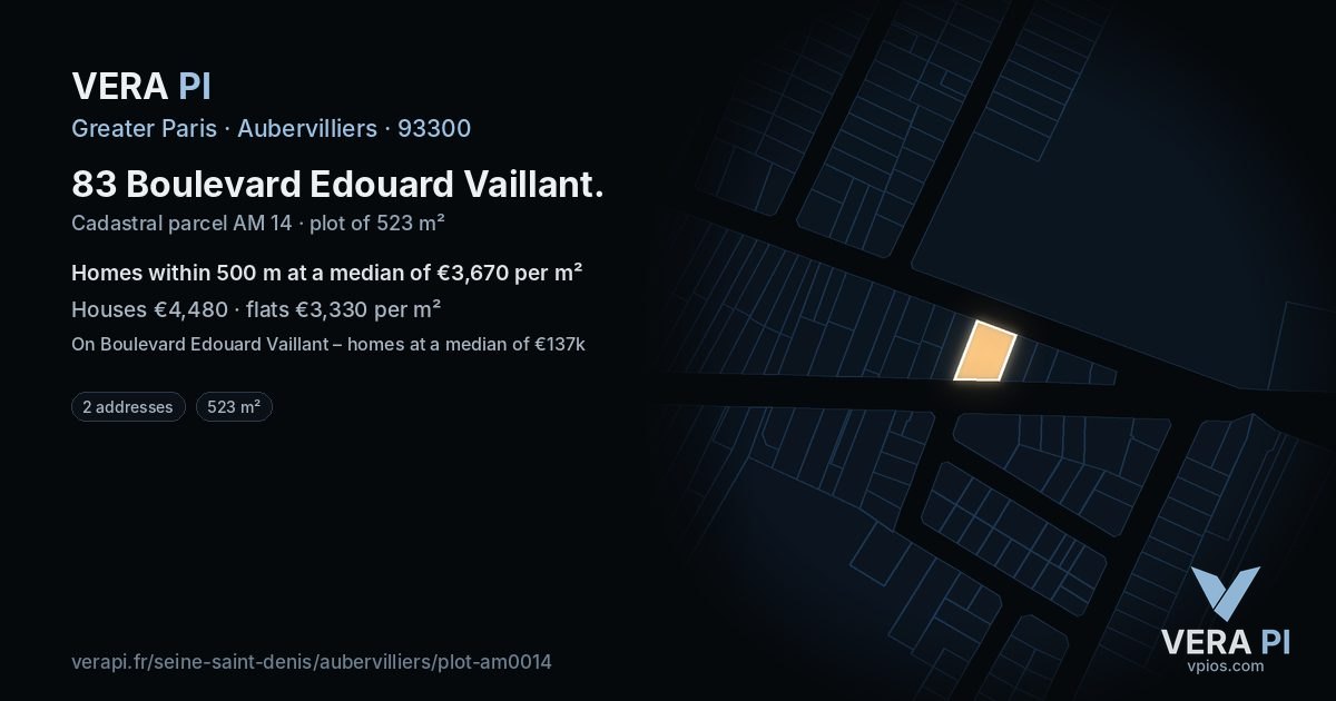 83 Boulevard Edouard Vaillant, Aubervilliers at night – the plot lit, the parcels around coloured by the prices near them